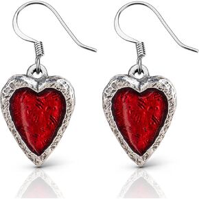 Red Crimson Heart Earrings, 3/4 Inch Dangle Earrings, Handcrafted Pewter, Surgical Steel Wires, Made in USA