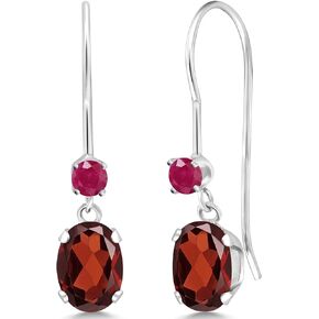 Gem Stone King 14K White Gold Red Garnet and Red Ruby French Wire Dangle Earrings For Women (1.34 Cttw, Gemstone January Birthstone, Oval 6X4MM and Round 2.5MM)