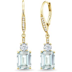 Gem Stone King 18K Yellow Gold Plated Silver Sky Blue Simulated Aquamarine Dangle Earrings For Women (4.60 Cttw, Gemstone Birthstone, Emerald Cut 9X7MM)