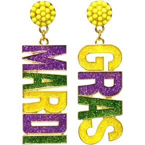 Mardi Gras Earrings Glitter Letter MARDI GRAS Dangle Earrings for Women Girls,Mardi Gras Carnival Drop Statement Earrings,Carnival Parades Party Fat Tuesday Celebration Earrings,Holiday Jewelry Gifts