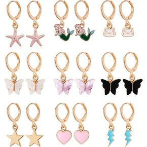 Yowivon Dangle Earrings for Girls Gold Cute Preppy Fun Earrings Small Huggie Hoop Dangle Drop Earring Charms Pendants Trendy Y2K Hypoallergenic Jewelry Gifts 9 Pairs