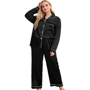 WDIRARA Women's Plus Size Sleepwear Contrast Binding 2 Piece Satin Pajama Set Loungewear
