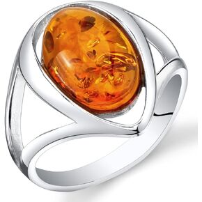 PEORA Genuine Baltic Amber Ring for Women in Sterling Silver, Rich Cognac Color, Oval Shape Solitaire, Comfort Fit, Sizes 5 to 9