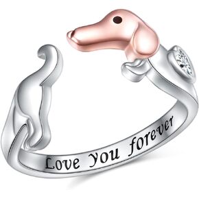 DAOSHANG Sterling Silver Dog Rings for Women Cute Puppy Rings Rose Gold Dachshund Ring Adjustable Love You forever Gift for Dog Lover