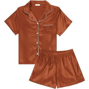 LYANER Women's Satin Silk Pajamas Short Sleeve Button Shirt with Shorts Set PJ Sleepwear