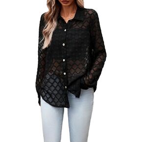 GORGLITTER Women's Geo Pattern Mesh Button Down Shirt Long Sleeve Collar Blouse Top