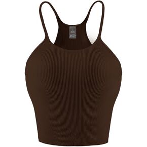Vertvie Workout Crop Tank Tops for Women Sleeveless Spaghetti Strap Ribbed Camisole Tops Seamless Racerback Bra for Yoga