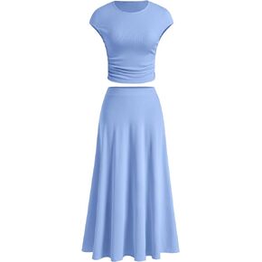 BTFBM Women Two Piece Skirt Set Casual Ribbed Knit Crew Neck Short Sleeve Cropped Top Elastic Waist Swing Midi Skirts