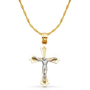 Ioka 14K Two Tone Gold Jesus Crucifix Cross Pendant with 1.2mm Singapore Chain Chain Necklace