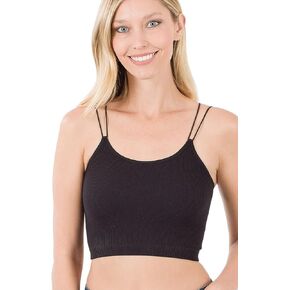 قميص بدون أكمام من Zenana بنسيج مضلع بدون خياطة وحزام سباغيتي قصير ورقبة رسن (as1، Alpha، s، m، عادي، عادي، أسود مزدوج) in Kuwait