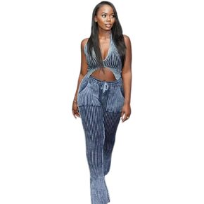 acelyn Womens 2 Piece Outfits Sexy Knit Crochet Patchwork Vest Bodycon Flare Pants Sets