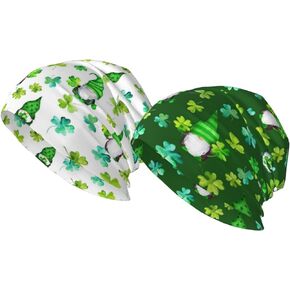 2 Pack St Patrick's Day Decor Beanie Hats for Adult,Shamrock Slouchy Skull Cap,Soft Cancer Chemo Hat Headwear Nightcap