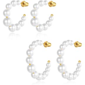 CUFELMU 2 Pairs Pearl Hoop Earrings for Women Small Gold Hoop Pearl Earrings Lightweight Faux Beaded Pearl Earrings Jewelry Birthday Gifts