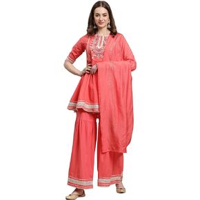 Rajnandini Women's Peach Pure Cambric Cotton Floral Embroidered Kurta Set with Dupatta (S to 2XL - Size)(JOPLVL253-P)