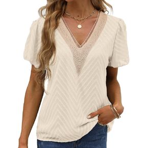 Womens Summer Tops, Lace Trim V Neck T Shirts Ruffle Short Sleeve Casual Work Bussiness Blouses Tunic Tops