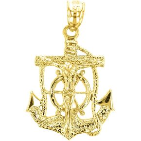Solid 10k Yellow Gold Mariners Anchor Crucifix Pendant