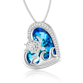 POPKIMI Sea Turtle Heart Necklace for Women Sterling Silver Crystal Turtle Pendant Birthday Animal Health and Longevity Jewelry Gifts
