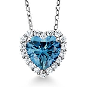 Gem Stone King 925 Sterling Silver Heart Shape Persian Blue Moissanite and White Moissanite Pendant Necklace For Women (1.29 Cttw, with 18 Inch Chain)