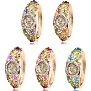 Dacdyi Women Ladies 5 Pcs Wholesale Watch Elegant Bangle Bracelet Crystal Round Dial with Flower Wrist Watch