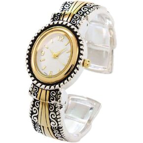 2Tone Metal Western Style Decorated Oval Face Women's Bangle Cuff Watch