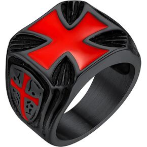 FaithHeart Mens Stainless Steel Crusader Jerusalem Cross Ring with 18K Gold Plated Two Tone Ring Size 7,8,9,10,11,12