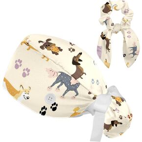 Animals Dogs Scrub Caps Adjustable Working Cap Surgical Caps Nurse Hat with Bow Hair Scrunchy