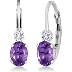 Gem Stone King 925 Sterling Silver Purple Amethyst and White Diamond Leverback Earrings For Women (0.77 Cttw, Gemstone February Birthstone, Oval 6X4MM, Round 2MM, 3/4 Inch)