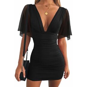 Women's Sexy V Neck Ruched Mini Dress Half Ruffle Sleeves Bodycon Cocktail Party Dresses