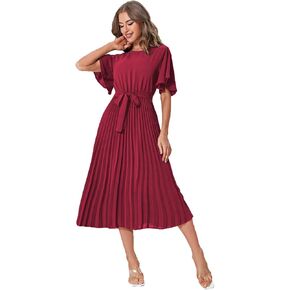 Milumia Women's Elegant Belted Pleated Flounce Sleeve Long Dress