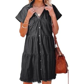 Sidefeel Womens 2024 Frayed Buttoned Pockets Short Sleeve Denim Jean Dresses