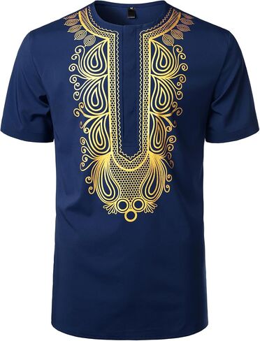 ZEROYAA Men's African Ethnic Hidden Button Short Sleeve Shirt Metallic Gold Printed Dashiki in Kuwait