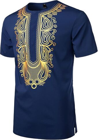 ZEROYAA Men's African Ethnic Hidden Button Short Sleeve Shirt Metallic Gold Printed Dashiki in Kuwait