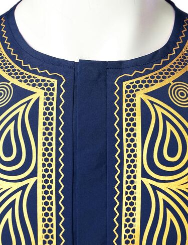 ZEROYAA Men's African Ethnic Hidden Button Short Sleeve Shirt Metallic Gold Printed Dashiki in Kuwait