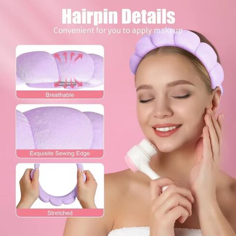 مجموعة Hroevc مكونة من 3 قطع من عصابة رأس وسوار معصم لغسل الوجه، وعصابة رأس منتفخة لمكياج الوجه من قماش تيري للنساء (أسود) in Kuwait