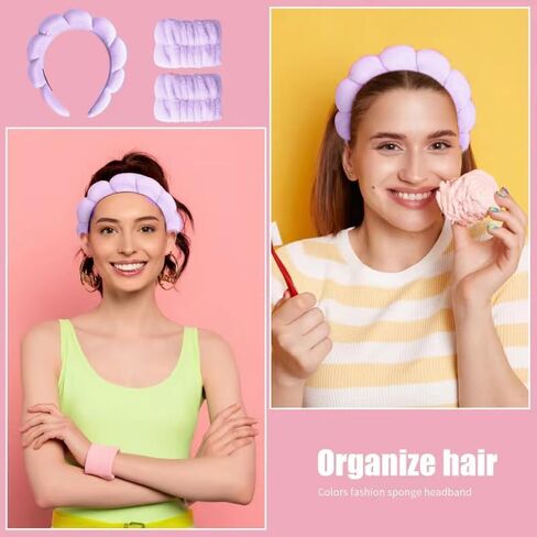 مجموعة Hroevc مكونة من 3 قطع من عصابة رأس وسوار معصم لغسل الوجه، وعصابة رأس منتفخة لمكياج الوجه من قماش تيري للنساء (أسود) in Kuwait