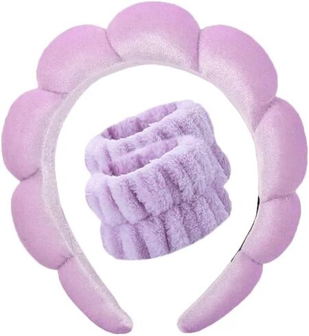 مجموعة Hroevc مكونة من 3 قطع من عصابة رأس وسوار معصم لغسل الوجه، وعصابة رأس منتفخة لمكياج الوجه من قماش تيري للنساء (أسود) in Kuwait