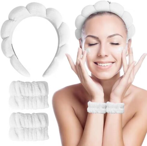مجموعة Hroevc مكونة من 3 قطع من عصابة رأس وسوار معصم لغسل الوجه، وعصابة رأس منتفخة لمكياج الوجه من قماش تيري للنساء (أسود) in Saudi Arabia