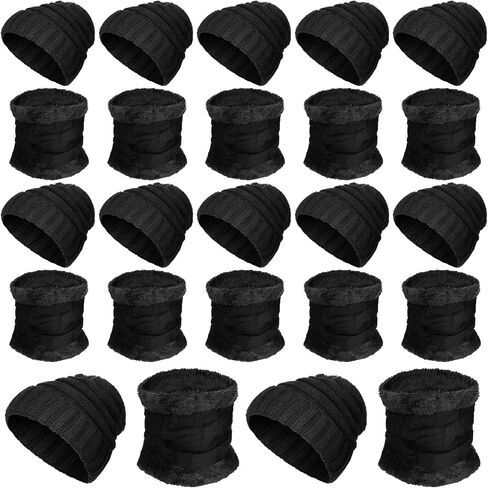 Suhine 24 Pcs Winter Beanie Hat Scarf Set 12 Ski Skull Knit Hat 12 Thick Fleece Lined Neck Warmer for Men Women Cold Weather (Black), As Shown in the Picture, One Size in Saudi Arabia