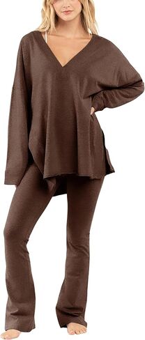 GTLIAE Womens 2 Piece Outfit Oversized Workout Set Reversible Long Sleeve Top Flared Legging Lounge Set Tracksuit in Saudi Arabia