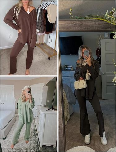 GTLIAE Womens 2 Piece Outfit Oversized Workout Set Reversible Long Sleeve Top Flared Legging Lounge Set Tracksuit in Saudi Arabia
