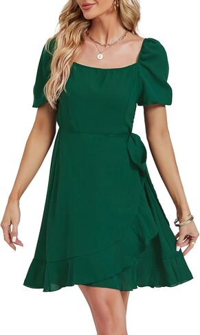 Umenlele Women's Short Sleeve Wrap Ruffle Hem Belted Bodycon Cocktail Wedding Party Mini Short Dress in Saudi Arabia