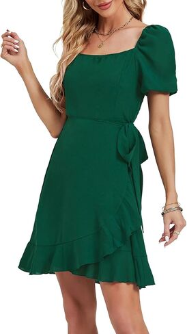 Umenlele Women's Short Sleeve Wrap Ruffle Hem Belted Bodycon Cocktail Wedding Party Mini Short Dress in Saudi Arabia