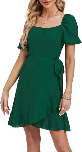Umenlele Women's Short Sleeve Wrap Ruffle Hem Belted Bodycon Cocktail Wedding Party Mini Short Dress in Saudi Arabia