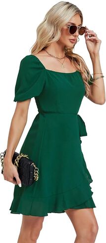 Umenlele Women's Short Sleeve Wrap Ruffle Hem Belted Bodycon Cocktail Wedding Party Mini Short Dress in Saudi Arabia