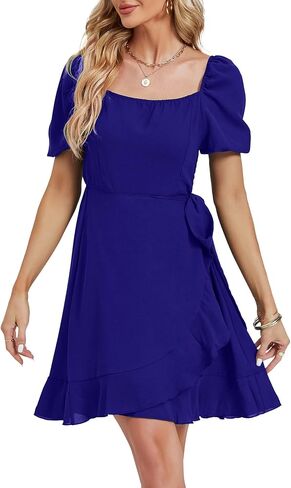 Umenlele Women's Short Sleeve Wrap Ruffle Hem Belted Bodycon Cocktail Wedding Party Mini Short Dress in Saudi Arabia