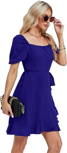 Umenlele Women's Short Sleeve Wrap Ruffle Hem Belted Bodycon Cocktail Wedding Party Mini Short Dress in Saudi Arabia