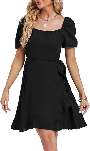 Umenlele Women's Short Sleeve Wrap Ruffle Hem Belted Bodycon Cocktail Wedding Party Mini Short Dress in Saudi Arabia