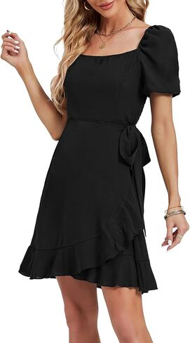 Umenlele Women's Short Sleeve Wrap Ruffle Hem Belted Bodycon Cocktail Wedding Party Mini Short Dress in Saudi Arabia