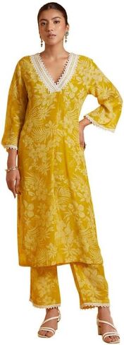 مجموعة سراويل كورتا للنساء من ذا لوم 3/4 كم ورقبة على شكل حرف V ملابس عرقية هندية مطبوعة كورتي عرقية هندية للفتيات باللون الأصفر in Kuwait