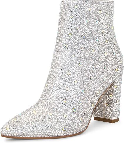 Sparkly Rhinestone Boots For Women Pointed Toe Chunky High Heel Ankle Booties With Side Zipper in Saudi Arabia